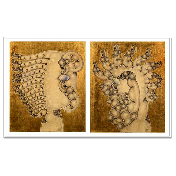 Meditation to be Enlightenment 1 (Woman - Man), 1996 Drawing and Gold leaves on canvas 60 x 50 cm. (each)