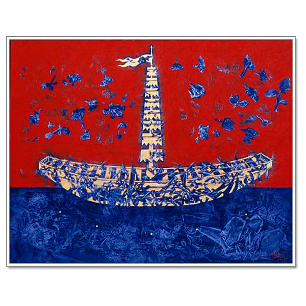 The Boat of Faith, 1999 Acrylic and Gold leaves on canvas 80 x 100 cm.