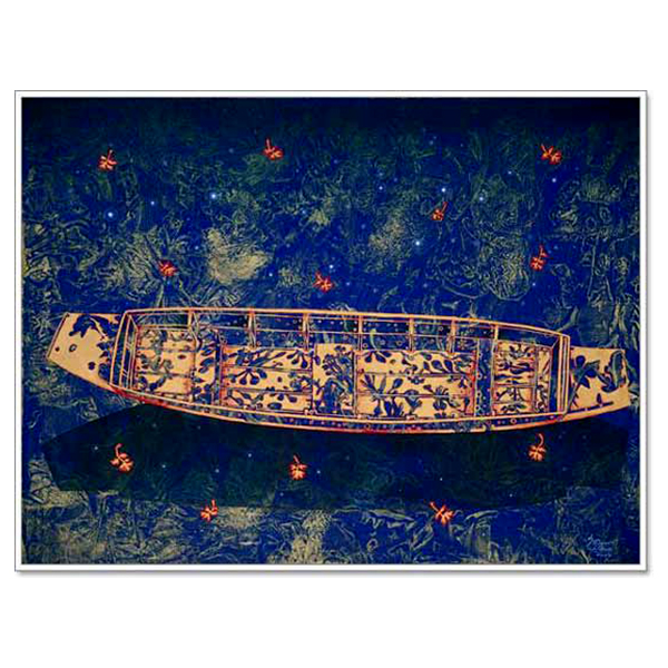 Thai Boat, 1999 Acrylic and Gold leaves on canvas 80 x 100 cm.