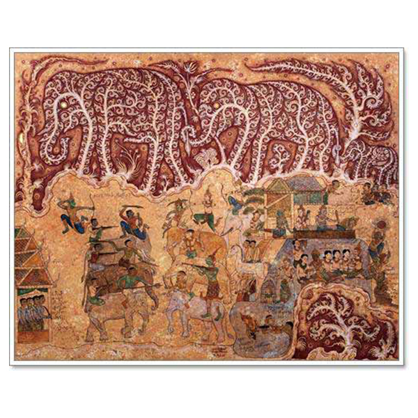 Rama, Lakshmana and Famaly (Artistic Message from the North Eastern), 2004 Acrylic and Gold leaves on canvas 120 x 150 cm.