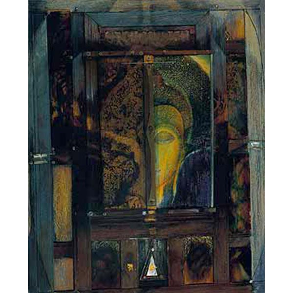 Those who see the dhama see me, the truth,1995 Mixed media on teak wood window 134 x 181 cm.