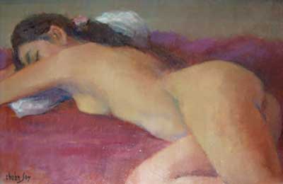 Nude lying on red sheet