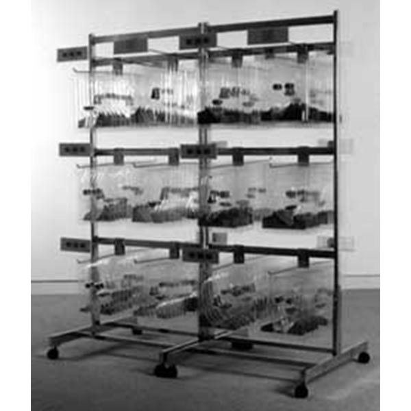 No. 6 Ready-Made Human Products (male and female), 1997 Silk-screen, embossed plastic and two chromium shelf 170 x 145 x 75 cm.