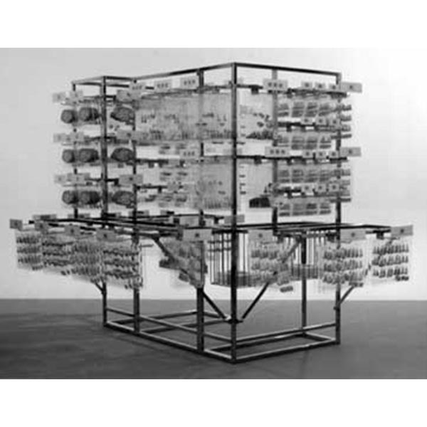 No. 8 Ready-Made Human Products (with chromium kiosk), 1999 Silk-screen, embossed plastic and chromium kiosk, 185 x 265 x 195 cm.