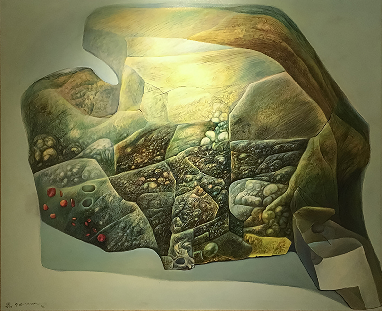 Pratuang Emjareon</br>MINERALS ON EARTH, 1977</br>Oil on canvas</br>115 x 137 cm.</br></br>ประเทือง เอมเจริญ</br>แร่ธาตุในแผ่นดิน, 2520</br>สีน้ำมันบนผ้าใบ</br>115 x 137 ซม.