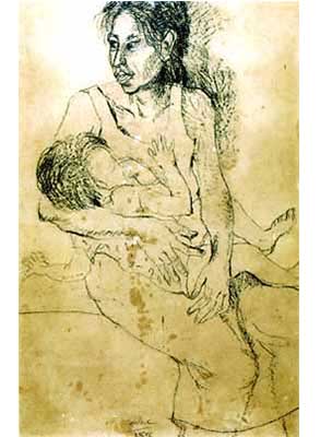 Motherhood</br>Crayon on paper</br>74 x 49 cm.</br>1959 Collection of the Artist