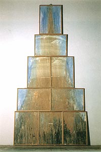 Earth Pagoda,1989
          Soil pigment, charcoal, detergent-powder and indigo on paper,
           320 x 180 x 2.5 cm.