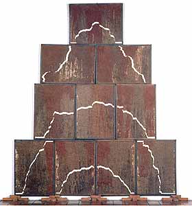 Earth Pagoda,1989
          Soil pigment, charcoal, detergent-powder and indigo on paper,
           320 x 180 x 2.5 cm.
